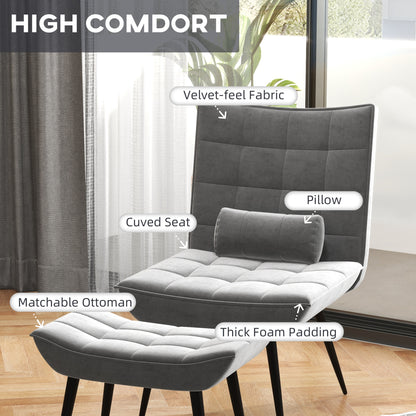 HOMCOM pholstered Accent Chair with Footstool Set, Modern Tufted Armless Chair with Steel Legs for Living Room, Bedroom, Home Study, Grey