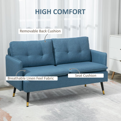 HOMCOM Modern 2 Seater Sofa, Button Tufted Loveseat with Cushions and Steel Legs for Living Room, Guest Room, Dark Blue Fabric