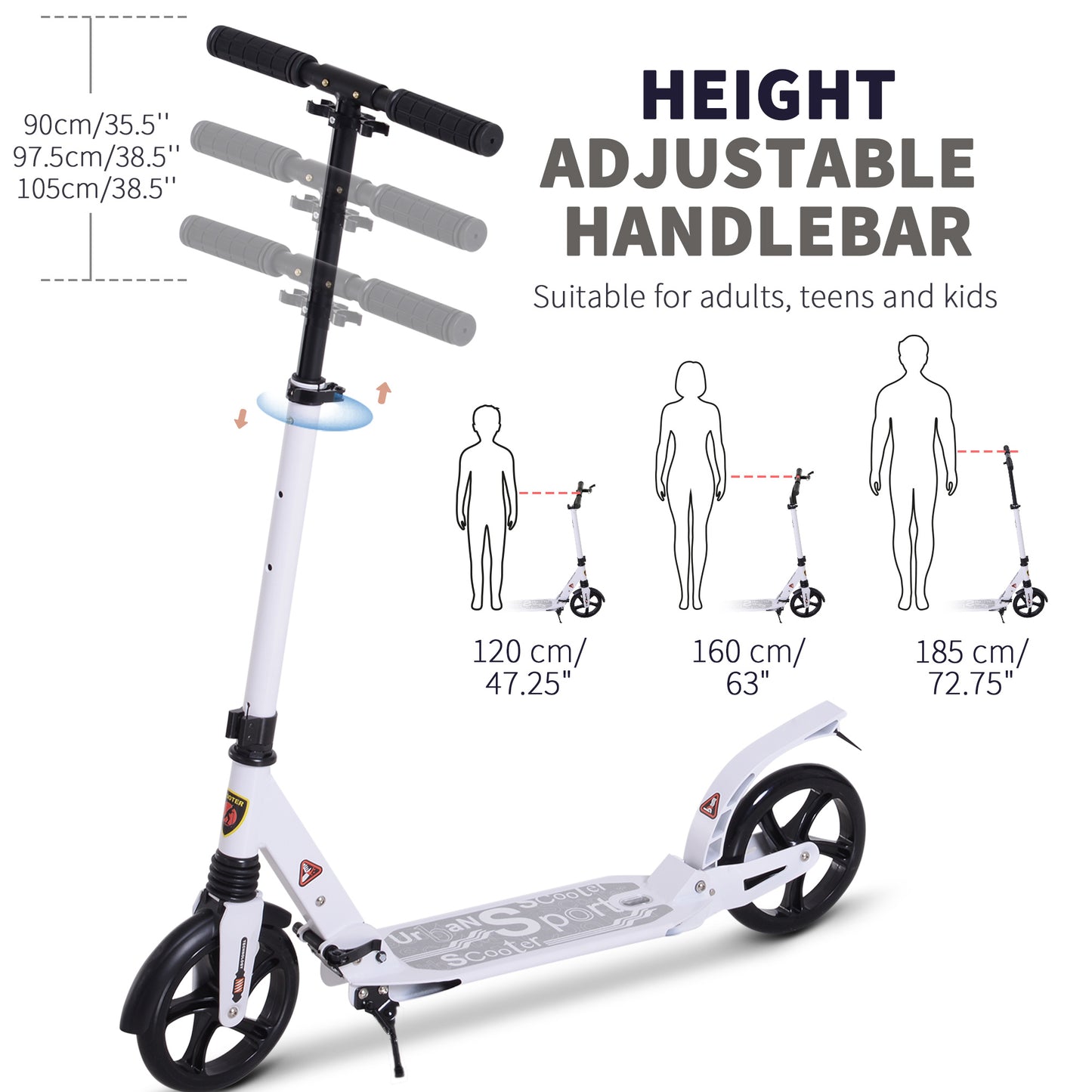 HOMCOM olding Kick Scooter 2 Big Wheels Teens Adult 14+ Adjustable Ride On White