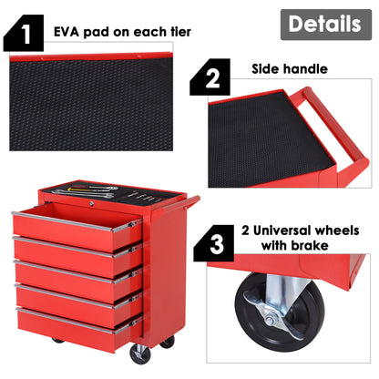 DURHAND 5 Drawer Roller Tool Cabinet Storage Box Workshop Chest Garage Wheeling Trolley w/ Handle - Red