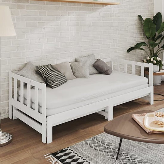 FURCO Umeko White Solid Pinewood Pull-Out Sofa Bed for Small Spaces