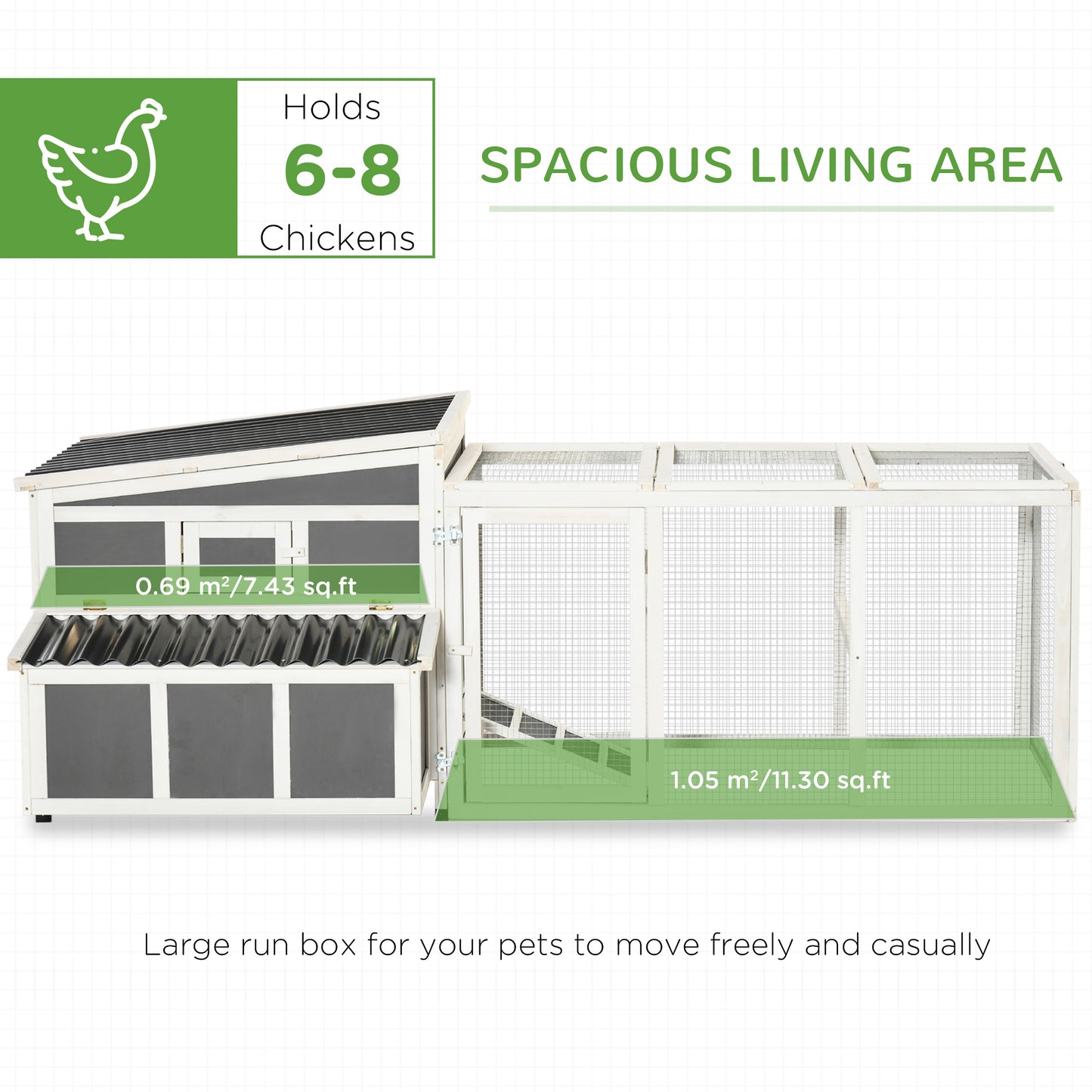 PawHut Large Chicken Coop Rabbit Hutch with Run Hen House Poultry Crate with Nesting Box for 6 Chickens Slide Out Tray Perches, 225x147x 85.5cm