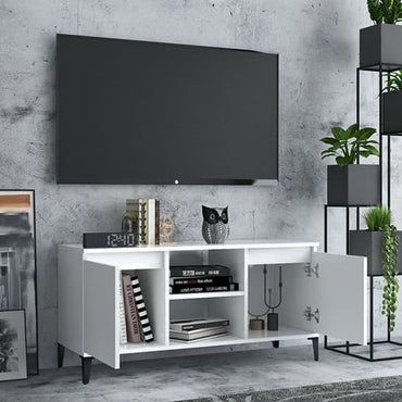 FURCO Usra White Wooden TV Stand with Dual Doors and Shelf for Modern Living Rooms