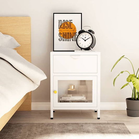 Utara Steel Bedside Cabinet With 1 Door 1 Drawer In White