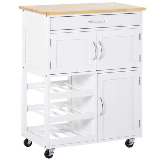 HOMCOM odern Kitchen Trolley, Rolling Island Storage Cart with Drawer, 9-bottle Wine Rack, Door Cabinets, Wooden Countertop, White