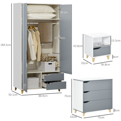 HOMCOM edroom Furniture Set, Wardrobe with Hanging Rail, 3 Drawer Chest of Drawers, Bedside Table with Drawer, Grey and White