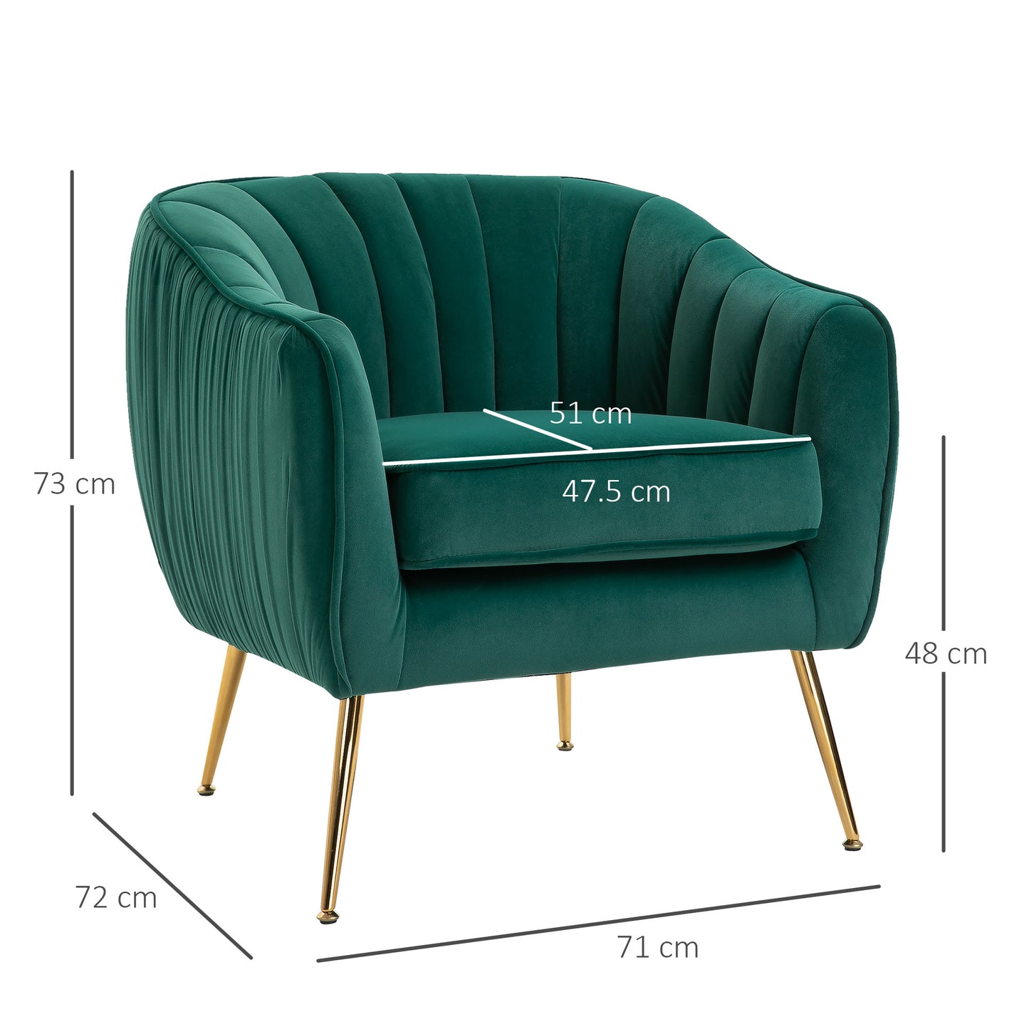 HOMCOM elvet Tub chair, Luxury Accent Chair with Golden Metal Leg, Comfy Upholstered Armchair with Thick Padded Seat for Living Room, Green