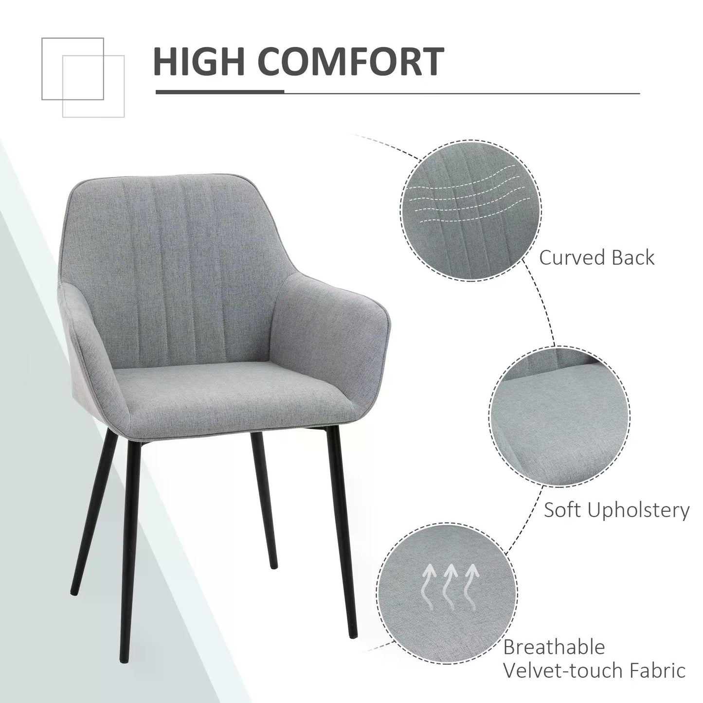 HOMCOM ining Chairs Upholstered Linen Fabric Accent Chairs with Metal Legs, Set of 2, Light Grey