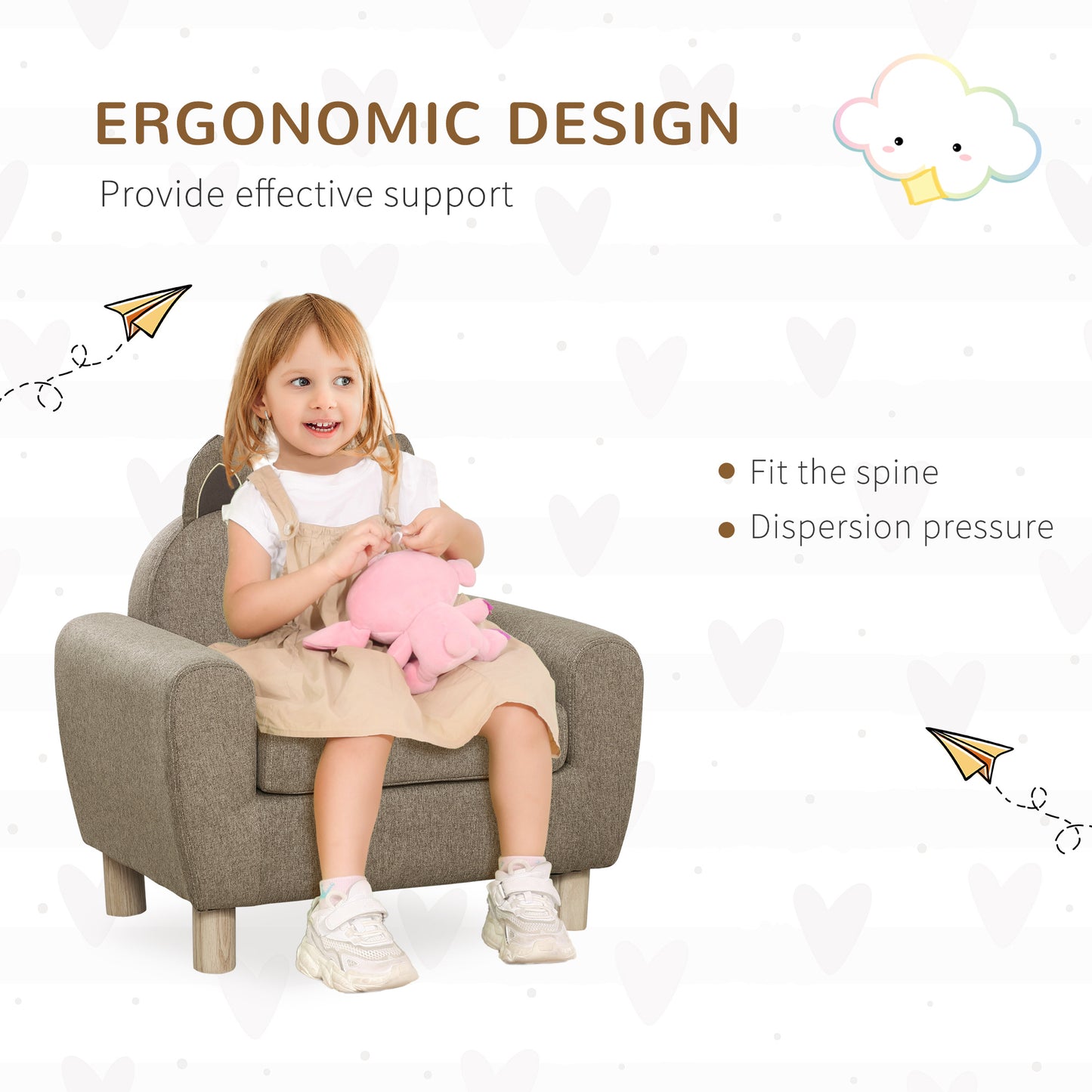 HOMCOM ids Sofa Toddler Chair Children Armchair for Preschool Bedroom Playroom with Ear Modeling Wood Brown