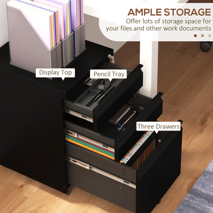 Vinsetto 3-Drawer Mobile Filing Cabinet with Pencil Tray, Steel Lockable File Cabinet for Letter, A4 and Legal Size, Pre-Assembled Body, Black