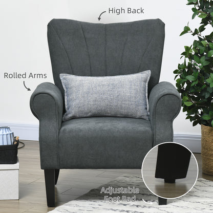 HOMCOM pholstered Accent Chair with High Back, Rolled Arms and Wood Legs, Soft Thick Padded Armchair, Grey