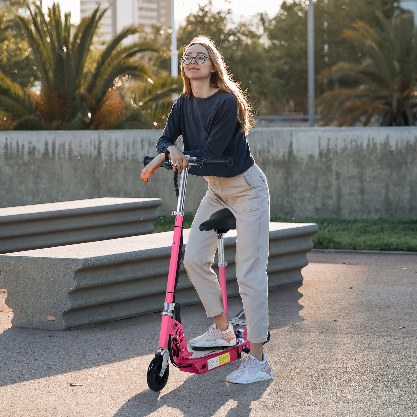 HOMCOM 20W Foldable Powered Scooters with 24V Rechargeable Battery, Adjustable Ride on Toy (Pink)