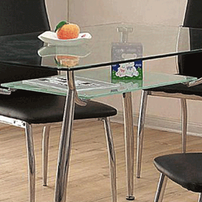 Marlow Glass Top Dining Table with Steel Frame and Wide Glass Shelf - Contemporary Elegance in Clear