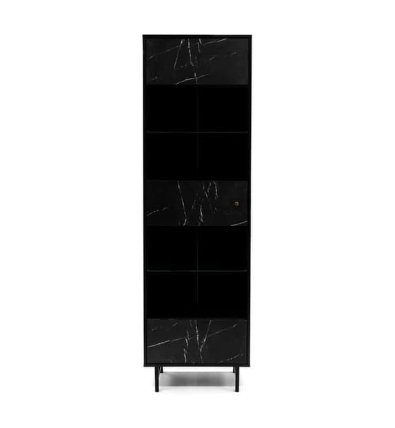 Tall Black Marble Effect Wooden Display Cabinet with 1 Door and 5 Shelves