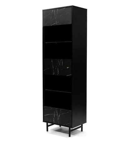 Tall Black Marble Effect Wooden Display Cabinet with 1 Door and 5 Shelves