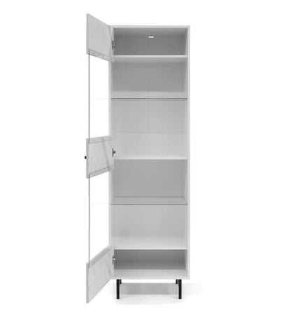 Tall White Marble Effect Display Cabinet with 1 Door and Shelves