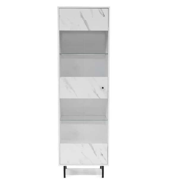 Tall White Marble Effect Display Cabinet with 1 Door and Shelves