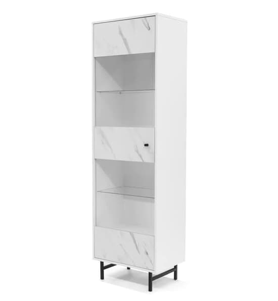 Tall White Marble Effect Display Cabinet with 1 Door and Shelves