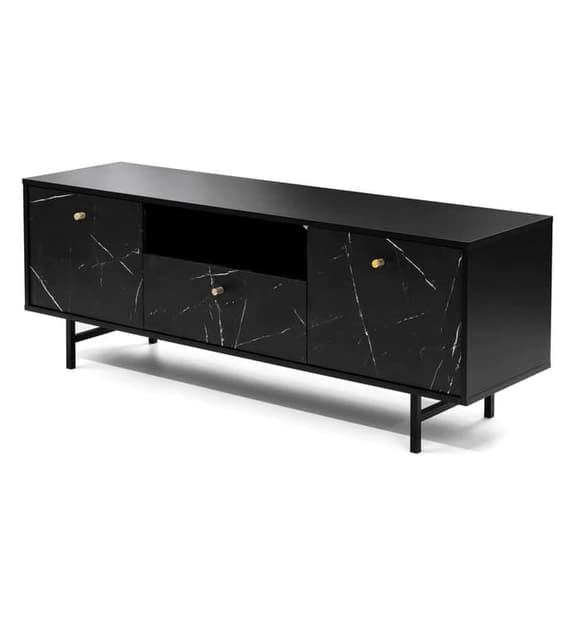 Venice Black Marble Effect TV Stand with 2 Doors and 1 Drawer - Modern Wooden Entertainment Unit