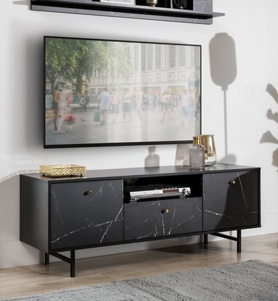 Venice Black Marble Effect TV Stand with 2 Doors and 1 Drawer - Modern Wooden Entertainment Unit