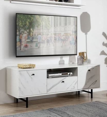 Venice White Marble Effect Wooden TV Stand with 2 Doors and 1 Drawer