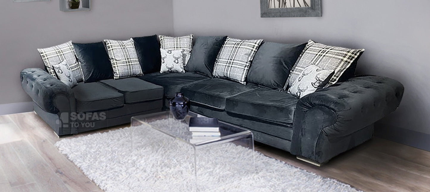 Verona Black 2C2 Fabric Corner Sofa Plush Velvet With Chrome Legs And Scatter Back