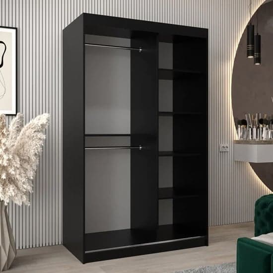 120cm Black Sliding Door Wooden Wardrobe with Shelves and Hanging Rails