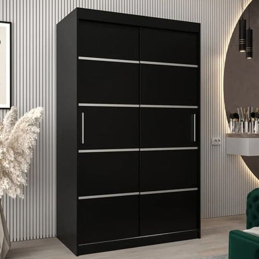 120cm Black Sliding Door Wooden Wardrobe with Shelves and Hanging Rails