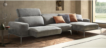 Villeneuve Grey Electric Recliner Corner Sofa Suede Chaise With Wooden Shelf And Chrome Legs Newtrend Available In A Range Of Leathers And Colours 10 Yr Frame 10 Yr Pocket Sprung 5 Yr Foam Warranty