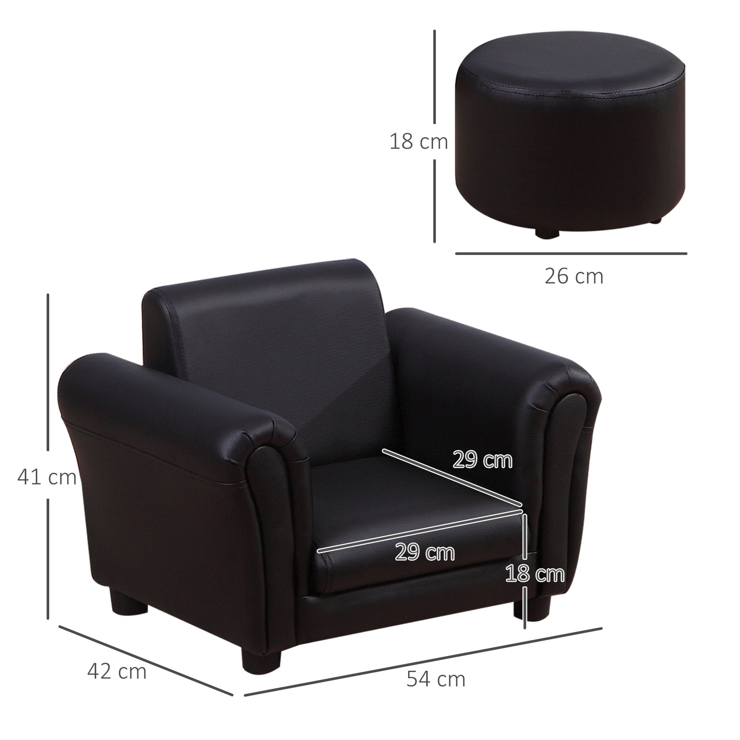 HOMCOM oddler Chair Single Seater Kids Sofa Set, 54 x 42 x 41cm, Kids Sofa with Stool, Black