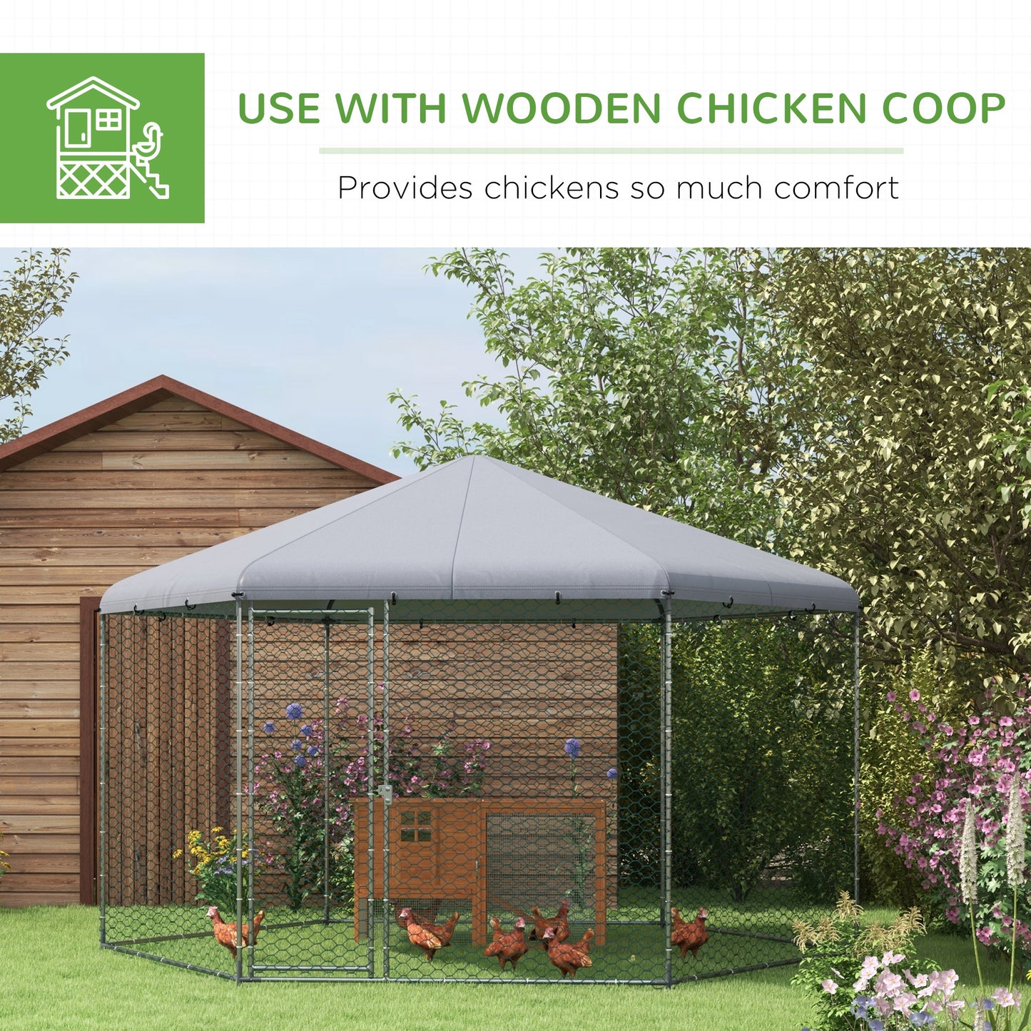 PawHut Chicken Coop for 10-15 Chickens, Hens, Rabbits, Ducks, Outdoor Garden Chicken Run, 4 x 3.5 x 2.6m