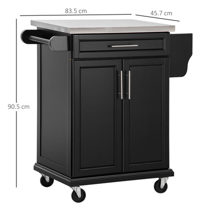 HOMCOM ooden Kitchen Island on Wheels, Serving Cart Storage Trolley with Stainless Steel Top, Drawer, Side Handle and Rack, Black