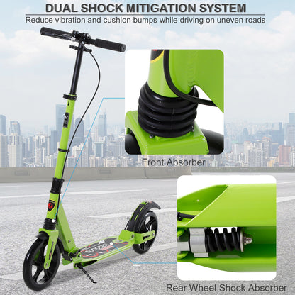 HOMCOM ick Scooter, Folding 2 Wheel Scooter for 14+ Teens Adults, with Dual Brake System, Dual Suspension, 230mm Big Wheels, 3 Adjustable Handlebar, up to 100KG, Green