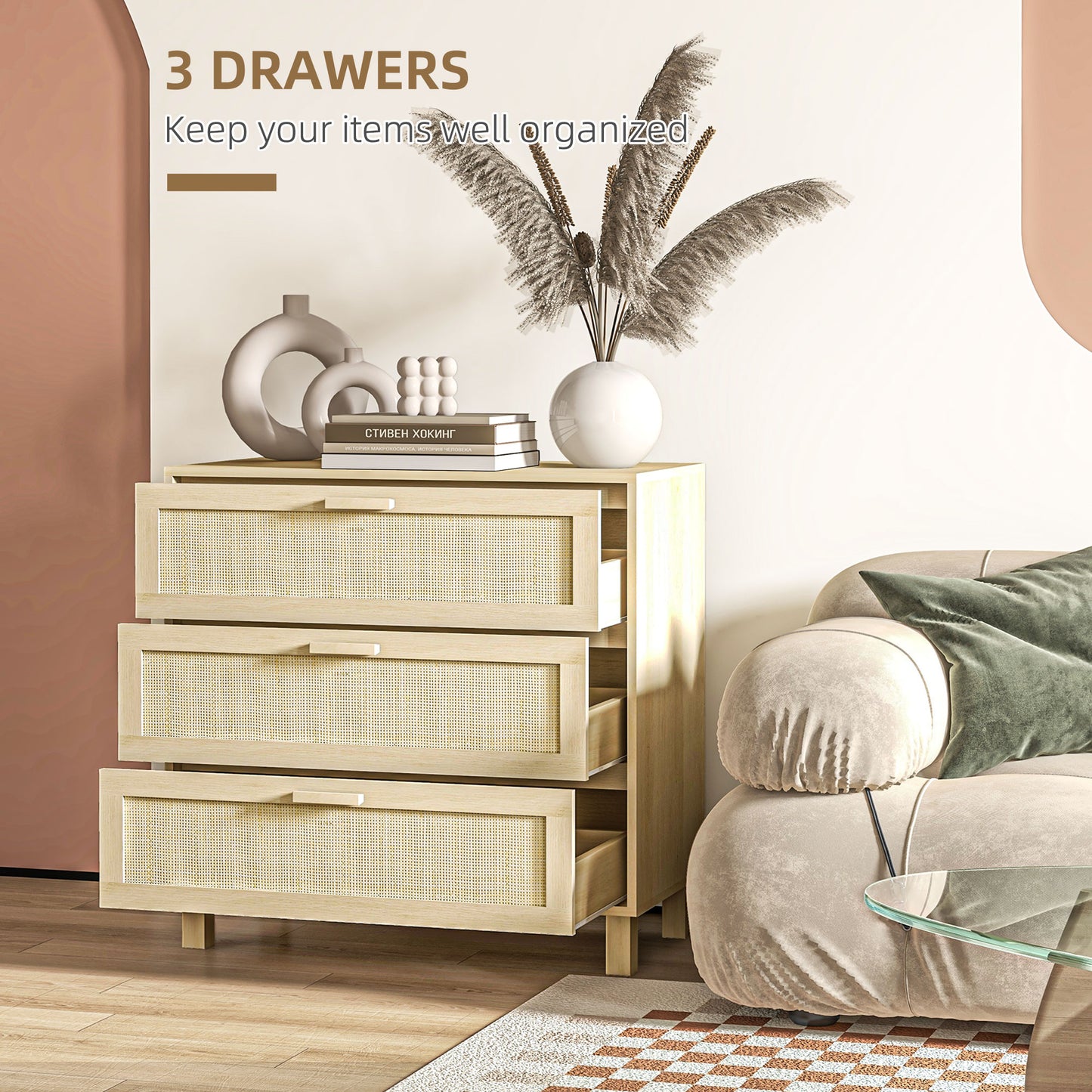 HOMCOM attan Bedroom Chest of Drawers, 3 Drawers Storage Unit, Boho Dresser for Living Room, Hallway, Natural