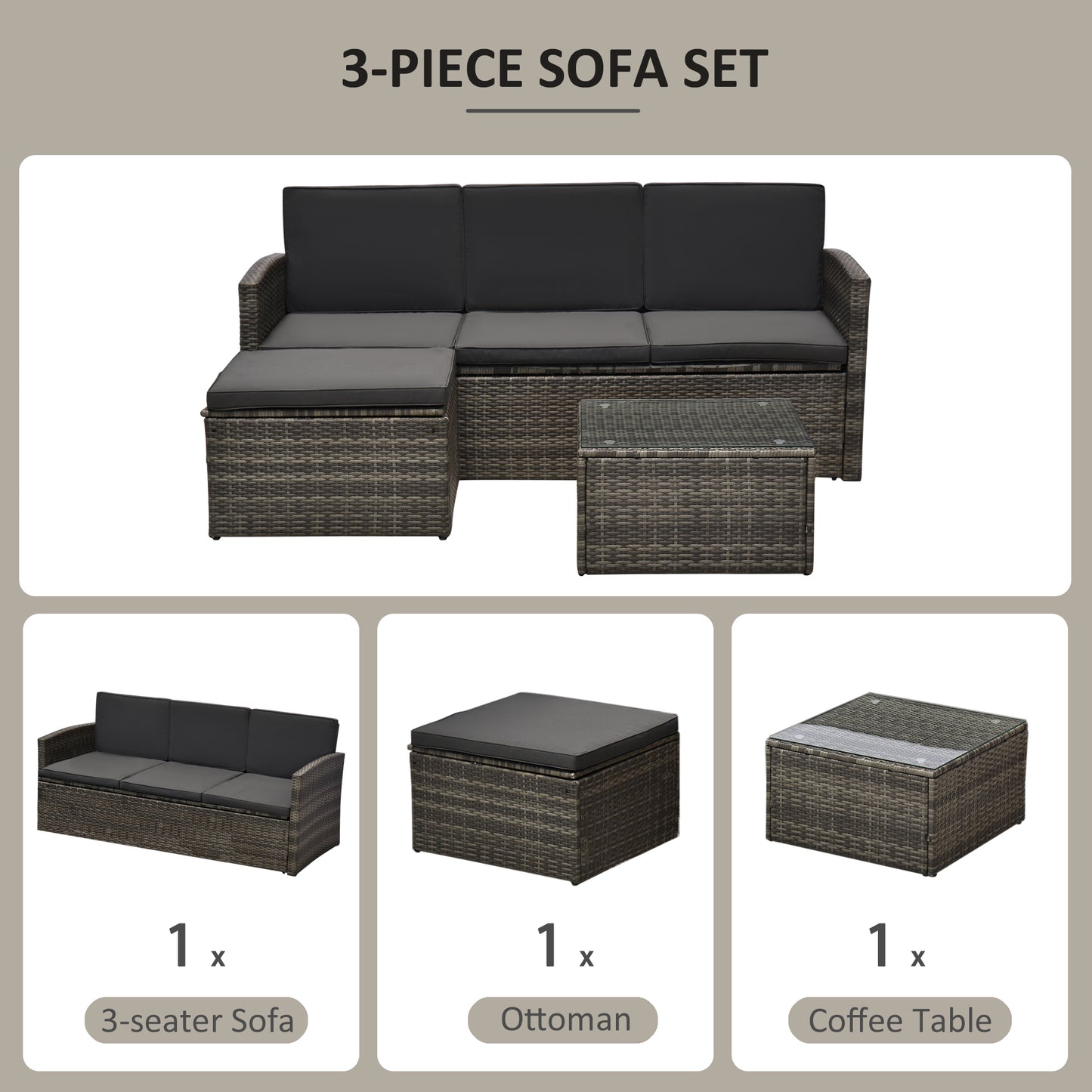 Outsunny 3 Pieces Outdoor PE Rattan Corner Sofa Set with Thick Cushions, Patio Rattan Garden Furniture with Glass Top Coffee Table and Footstool, Grey