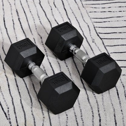 HOMCOM x10kg Hex Dumbbells Set Rubber Dumbbells Weight Lifting Equipment Fitness Home Gym