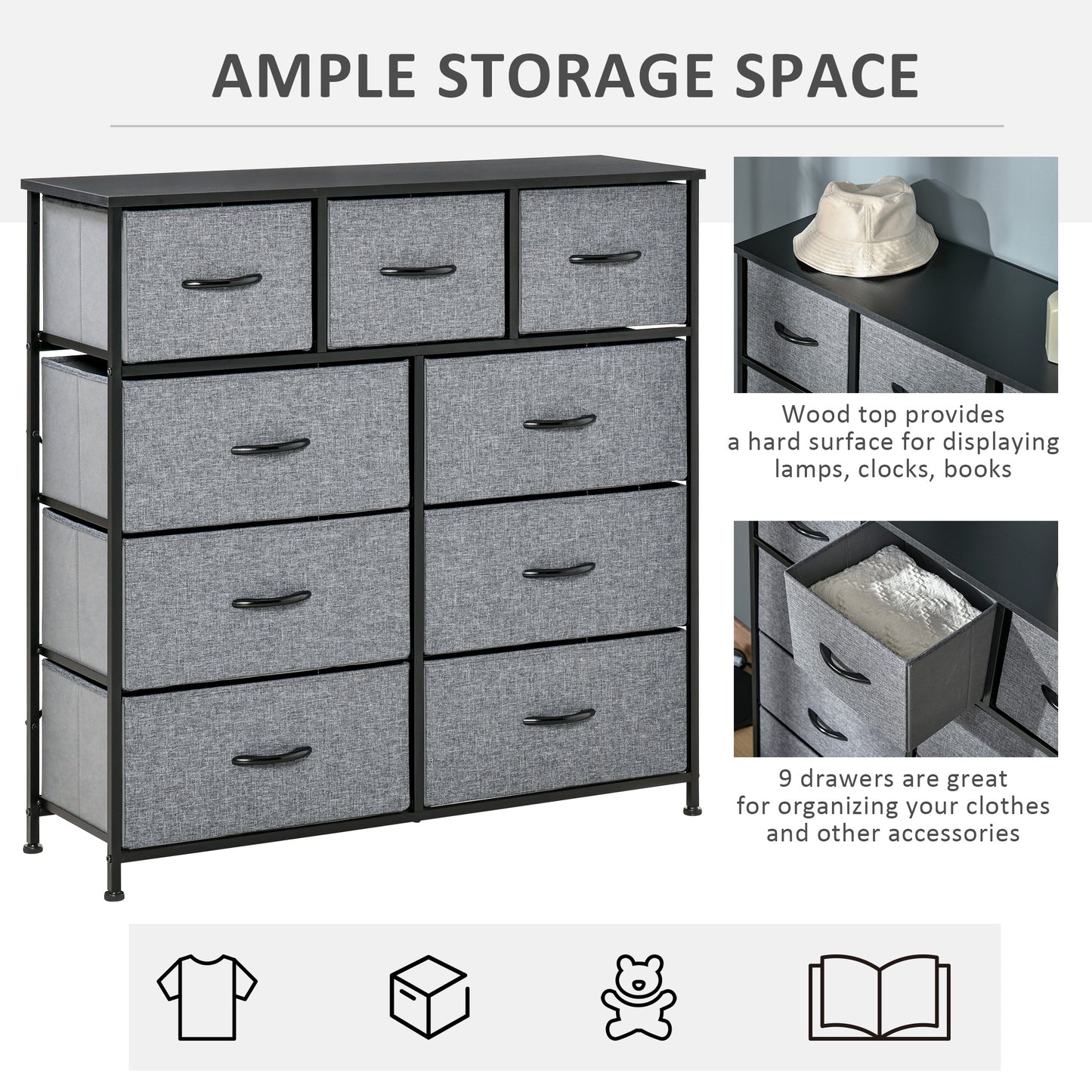 HOMCOM Drawers Storage Chest Dresser Organizer Unit , Easy Pull Fabric Bins, for Bedroom, Hallway, Entryway, Black & Grey