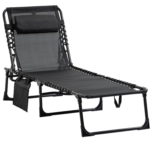 Outsunny Portable Sun Lounger, Folding Camping Bed Cot, Reclining Lounge Chair 5-position Adjustable Backrest with Side Pocket, Pillow for Patio Garden Beach Pool, Black