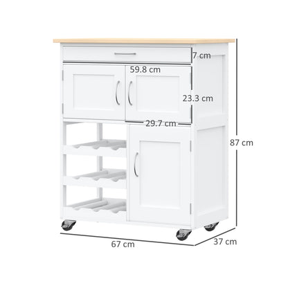 HOMCOM odern Kitchen Trolley, Rolling Island Storage Cart with Drawer, 9-bottle Wine Rack, Door Cabinets, Wooden Countertop, White