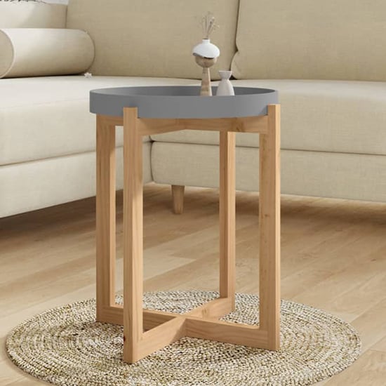 FURCO Wabana Grey and Natural Small Round Wooden Coffee Table for Modern Living Rooms