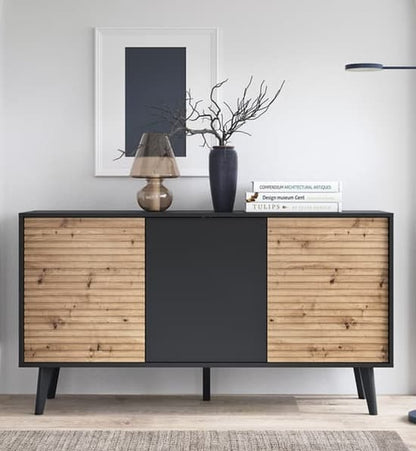 Waco Wooden Large Sideboard 3 Doors In Artisan Oak And Black