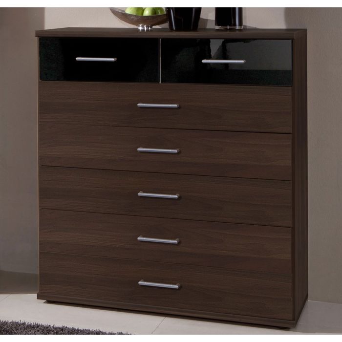 Modern Walnut & Black Gloss 5-Drawer Chest | Stylish Bedroom Storage Solution by Furco