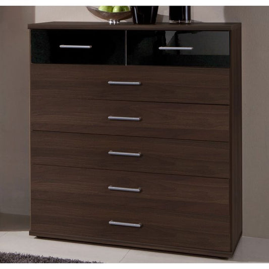 Modern Walnut & Black Gloss 5-Drawer Chest | Stylish Bedroom Storage Solution by Furco