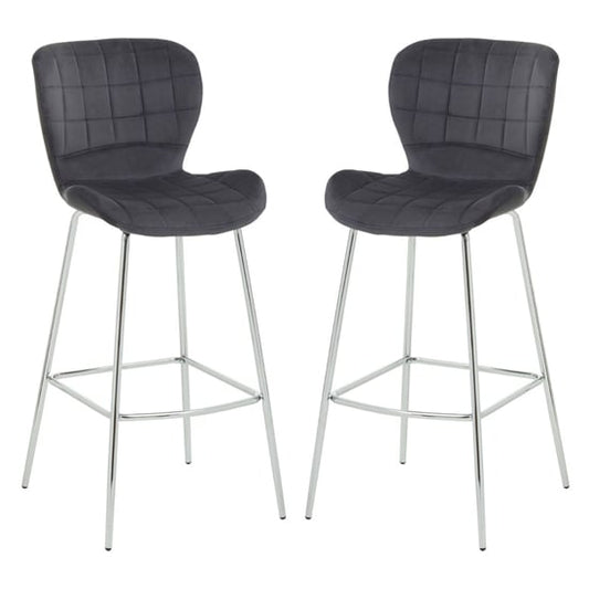 Warden Grey Velvet Bar Chairs With Silver Legs In A Pair