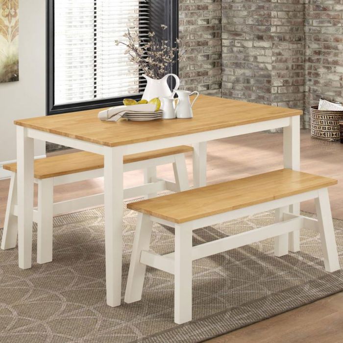 Delfina Dining Set with 2 Benches - Nat Oak and White