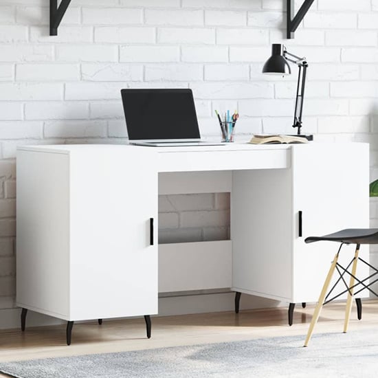 White Wooden Computer Desk with Storage Doors and Iron Legs for Home Office