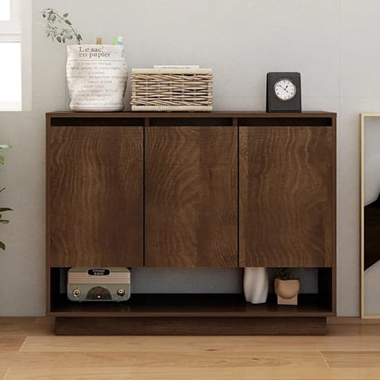 Wavery Wooden Sideboard With 3 Doors In Brown Oak