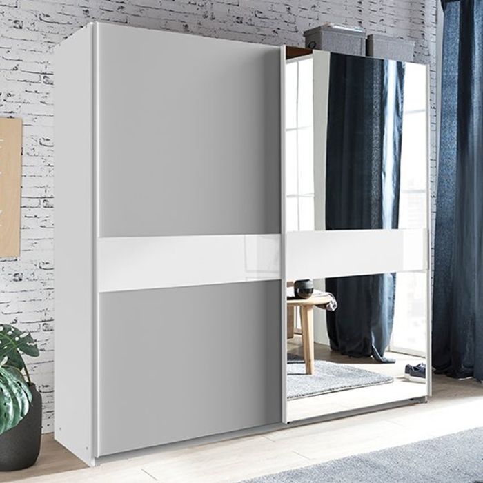 Contemporary Mirrored Sliding Wardrobe with 2 Doors | White and Grey | Space-Saving Design by Furco