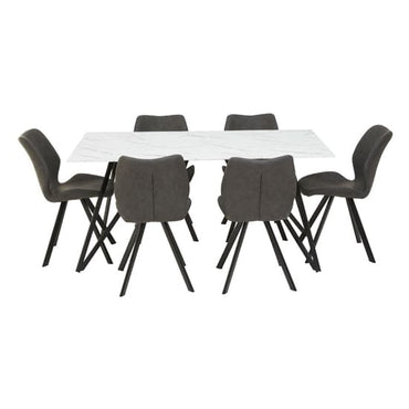 FURCO Nordic Glass Dining Table with White Marble Top and 6 Grey Leather Chairs