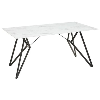 FURCO Nordic Glass Dining Table with White Marble Top and 6 Grey Leather Chairs